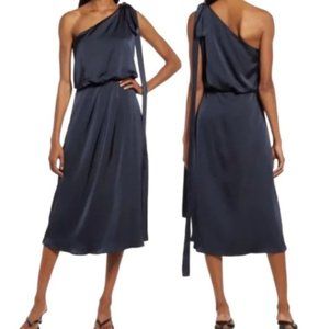 NWT AMY Lynn One-Shoulder Navy Blue Satin Dress Size Small